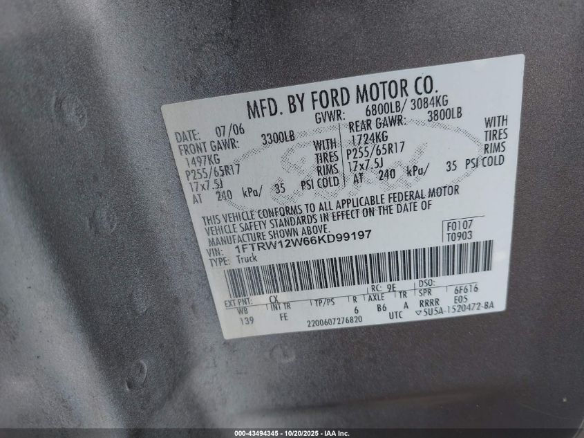 2006 Ford F-150 Xlt VIN: 1FTRW12W66KD99197 Lot: 43494345