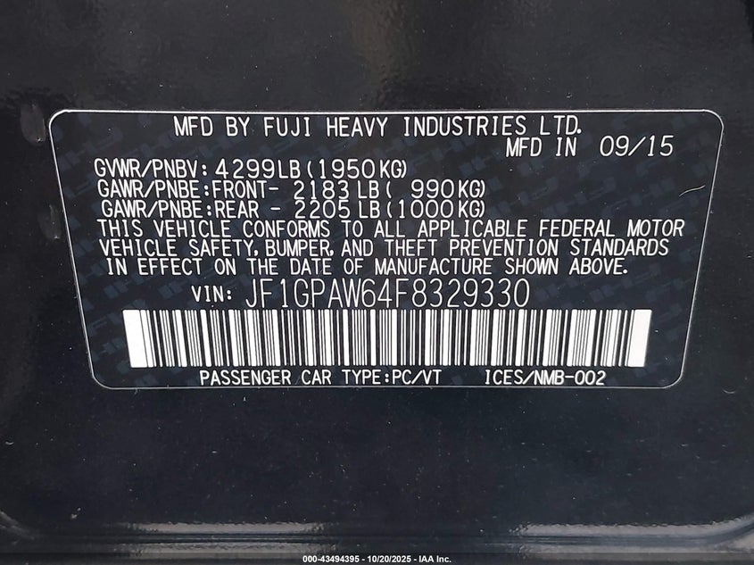 2015 SUBARU IMPREZA 2.0I SPORT LIMITED JF1GPAW64F8329330