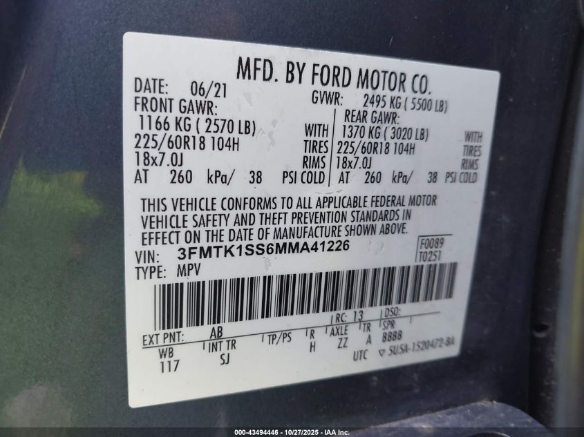 2021 Ford Mustang Mach-E Select VIN: 3FMTK1SS6MMA41226 Lot: 43494446