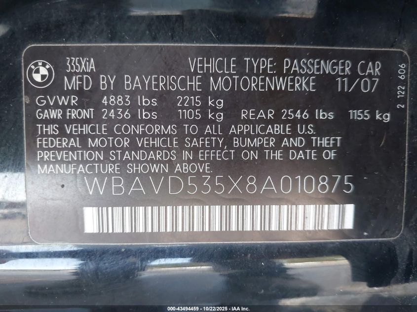 2008 BMW 335Xi VIN: WBAVD535X8A010875 Lot: 43494459