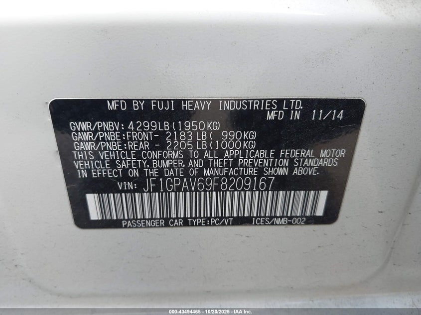 2015 SUBARU IMPREZA 2.0I SPORT LIMITED JF1GPAV69F8209167