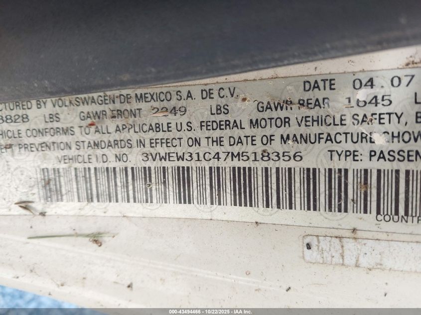 2007 Volkswagen New Beetle 2.5 VIN: 3VWEW31C47M518356 Lot: 43494466