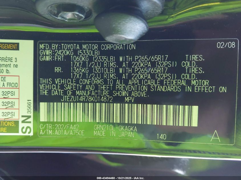 2008 Toyota 4Runner Sr5 V6 VIN: JTEZU14R78K014872 Lot: 43494468