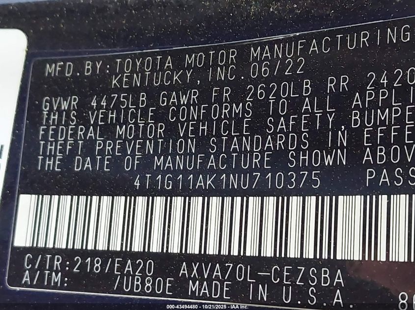 2022 Toyota Camry Se VIN: 4T1G11AK1NU710375 Lot: 43494480