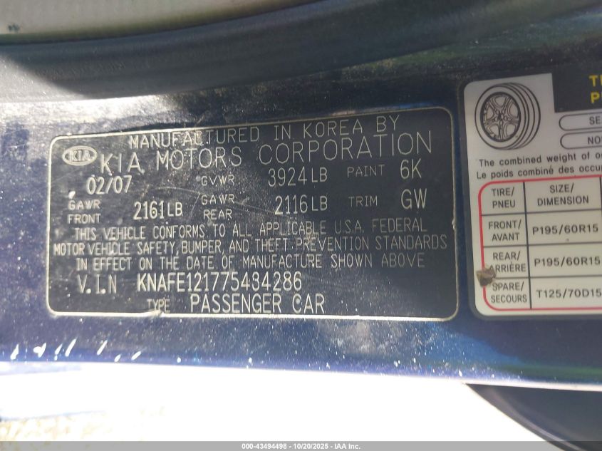 2007 Kia Spectra Ex VIN: KNAFE121775434286 Lot: 43494498