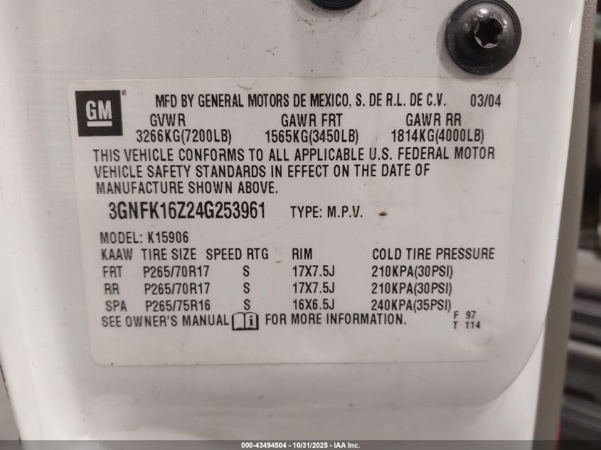 2004 Chevrolet Suburban 1500 Z71 VIN: 3GNFK16Z24G253961 Lot: 43494504