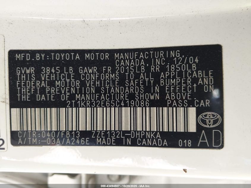 2005 Toyota Matrix Xr VIN: 2T1KR32E65C419086 Lot: 43494507