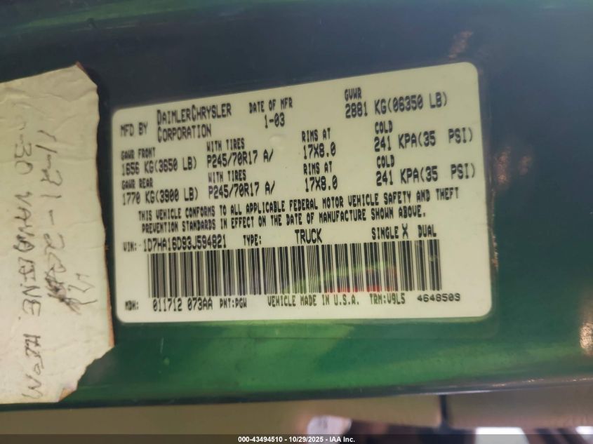 2003 Dodge Ram 1500 Slt/Laramie/St VIN: 1D7HA16D93J594821 Lot: 43494510