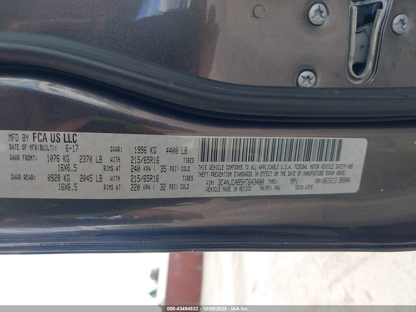 2017 JEEP NEW COMPASS SPORT FWD 3C4NJCAB5HT643480