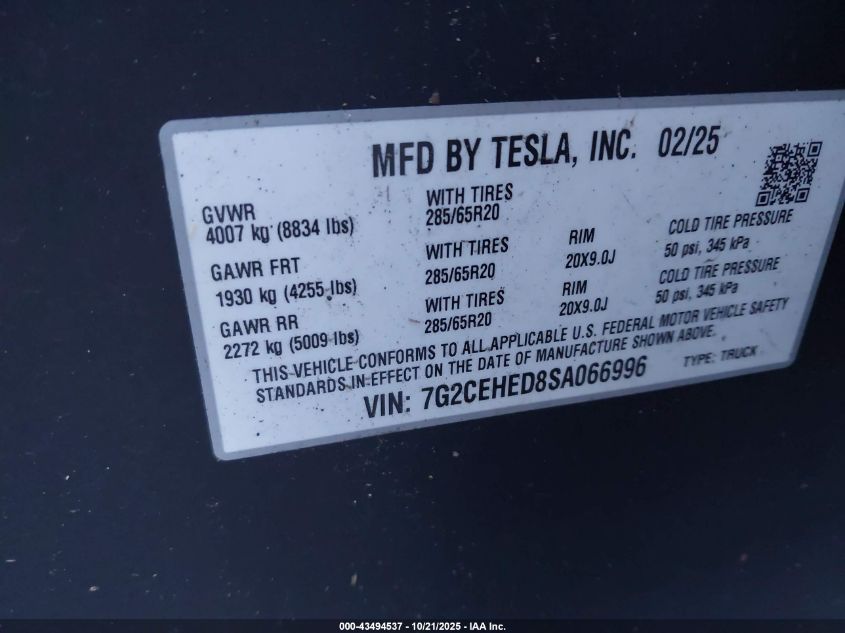 2025 Tesla Cybertruck All-Wheel Drive VIN: 7G2CEHED8SA066996 Lot: 43494537