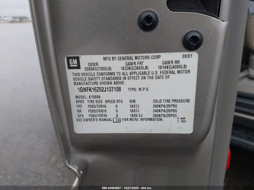 2002 Chevrolet Suburban 1500 Lt VIN: 1GNFK16Z62J137108 Lot: 43494567