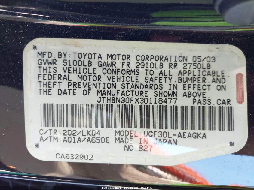 2003 Lexus Ls 430 VIN: JTHBN30FX30118477 Lot: 43494601