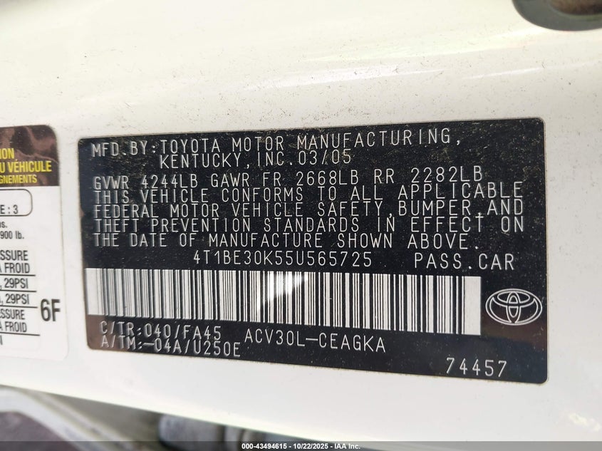4T1BE30K55U565725 2005 TOYOTA CAMRY photo no. 9