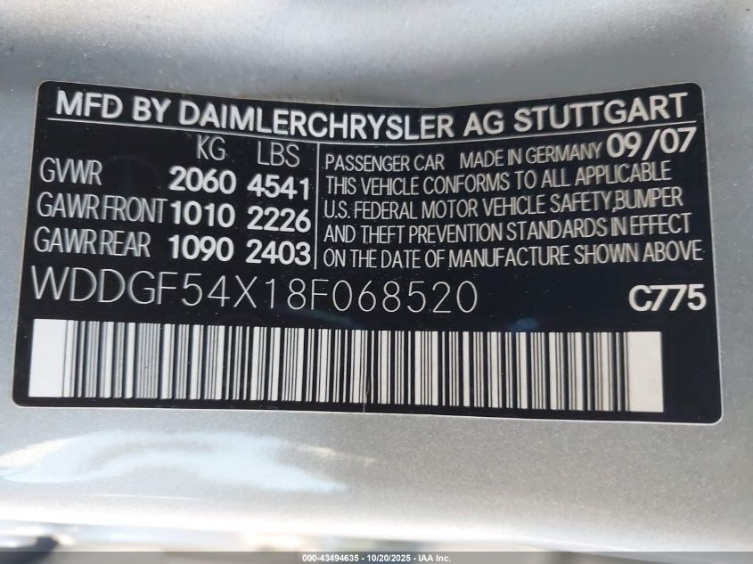 2008 Mercedes-Benz C 300 Luxury/Sport VIN: WDDGF54X18F068520 Lot: 43494635