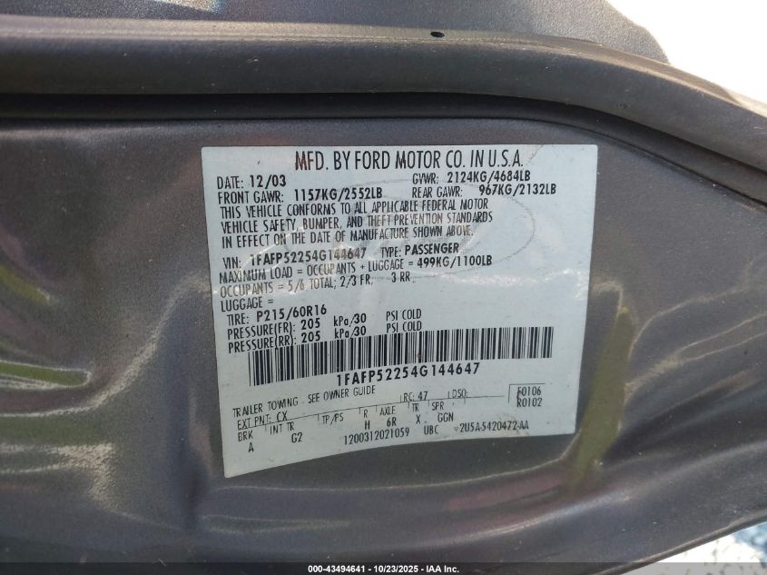 2004 Ford Taurus Lx VIN: 1FAFP52254G144647 Lot: 43494641