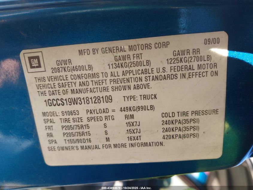 2001 Chevrolet S-10 Ls VIN: 1GCCS19W318128109 Lot: 43494678