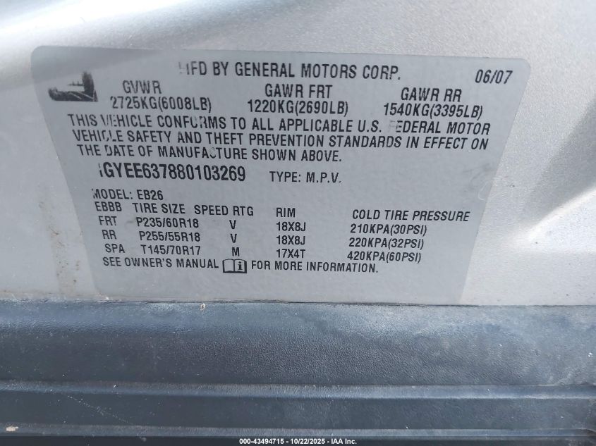 2008 Cadillac Srx V6 VIN: 1GYEE637880103269 Lot: 43494715