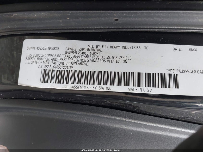 2008 Subaru Legacy 2.5I VIN: 4S3BL616587204768 Lot: 43494716