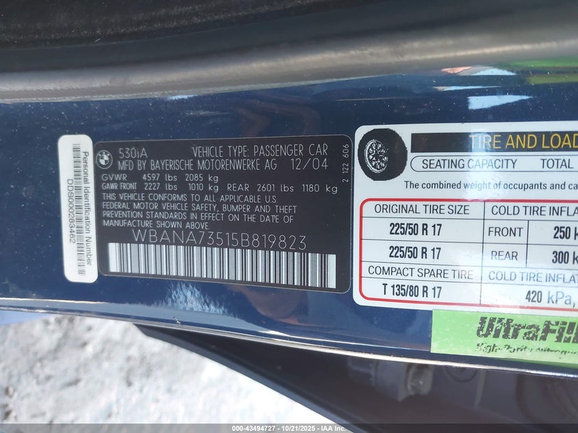2005 BMW 530I VIN: WBANA73515B819823 Lot: 43494727
