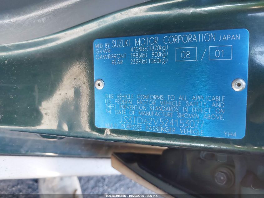 2002 Suzuki Grand Vitara Jlx/Limited VIN: JS3TD62V524153077 Lot: 43494756