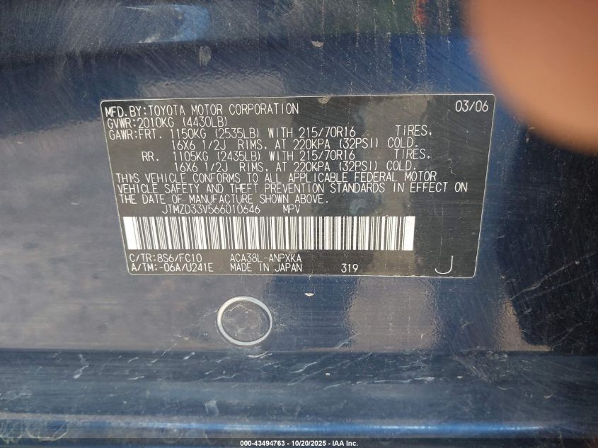 2006 Toyota Rav4 VIN: JTMZD33V566010646 Lot: 43494763