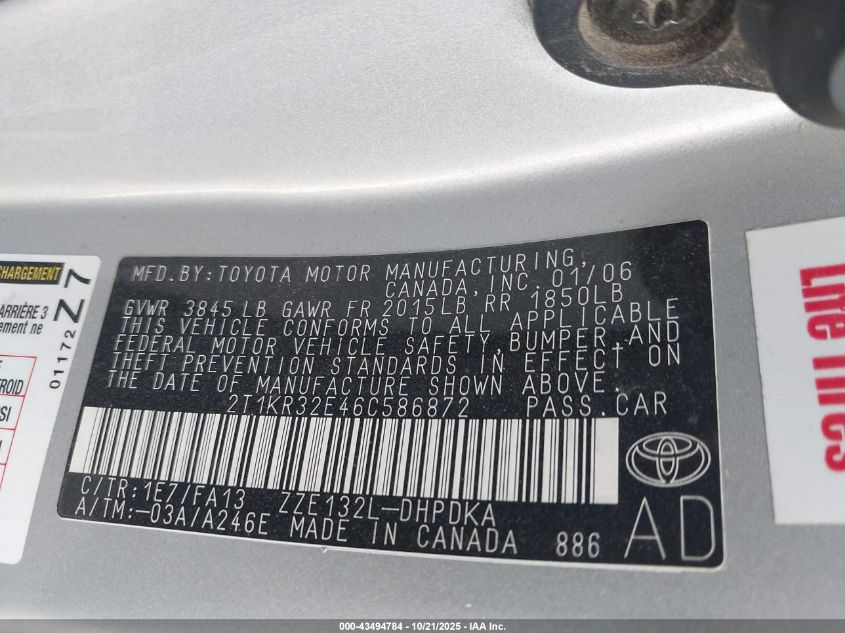 2006 Toyota Matrix VIN: 2T1KR32E46C586872 Lot: 43494784