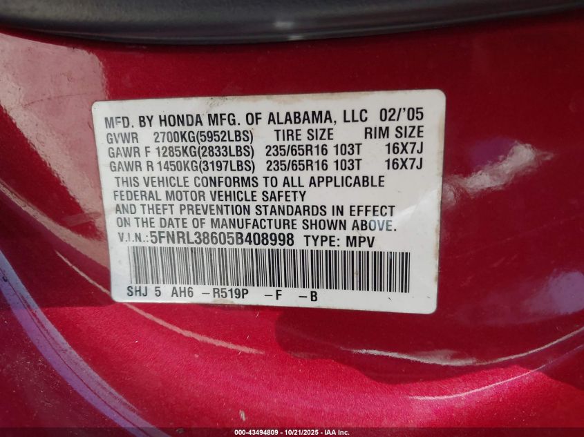 2005 Honda Odyssey Ex-L VIN: 5FNRL38605B408998 Lot: 43494809