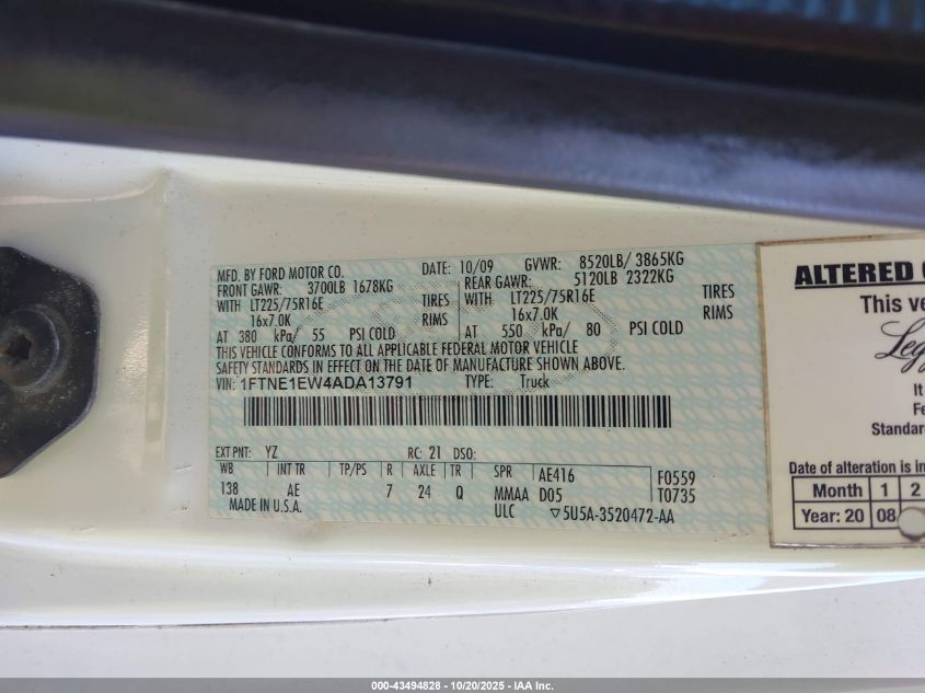 2010 Ford E-150 Commercial/Recreational VIN: 1FTNE1EW4ADA13791 Lot: 43494828