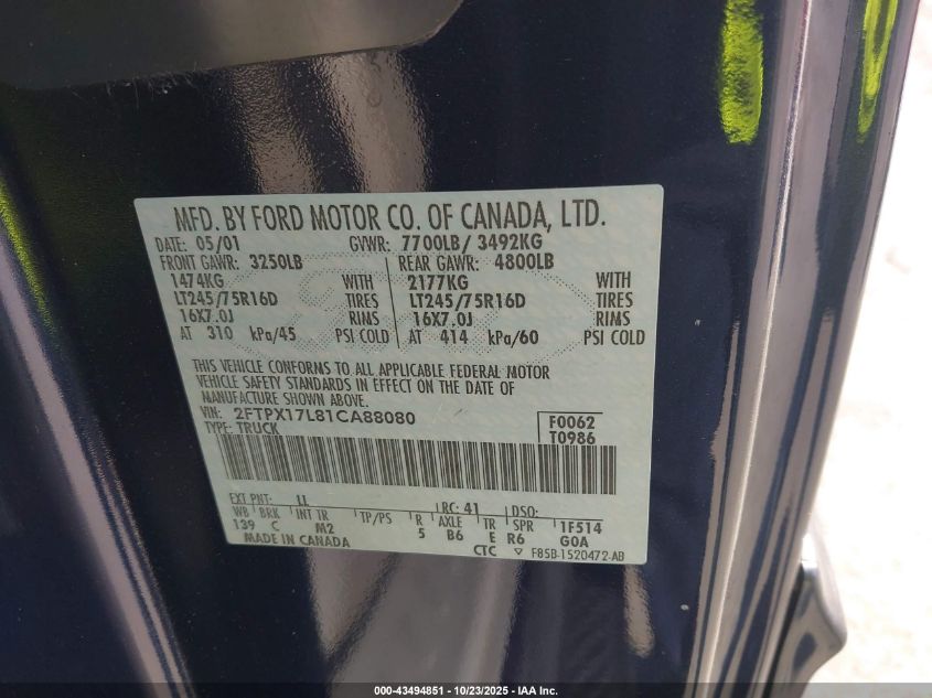 2001 Ford F-150 Lariat/Xl/Xlt VIN: 2FTPX17L81CA88080 Lot: 43494851