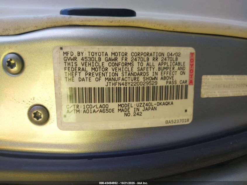 2002 Lexus Sc 430 VIN: JTHFN48Y220029529 Lot: 43494952