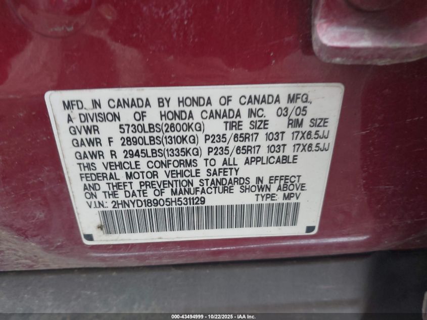 2005 Acura Mdx VIN: 2HNYD18905H531129 Lot: 43494999