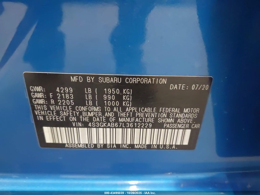 2020 SUBARU IMPREZA SEDAN 4S3GKAB67L3612229