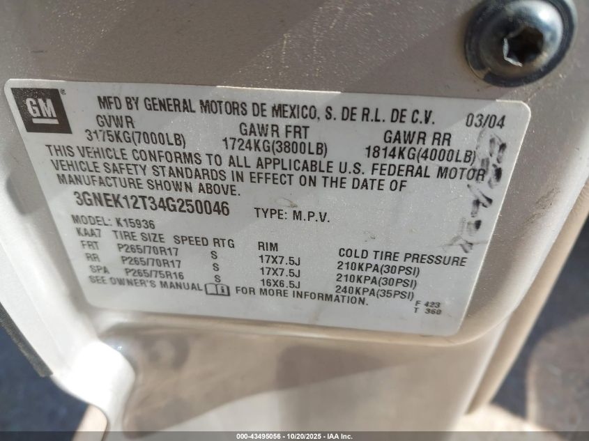 2004 Chevrolet Avalanche 1500 VIN: 3GNEK12T34G250046 Lot: 43495056