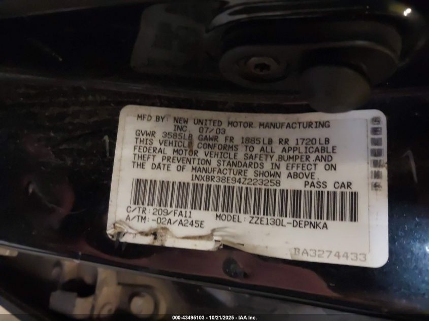 2004 Toyota Corolla Le VIN: 1NXBR38E94Z223258 Lot: 43495103