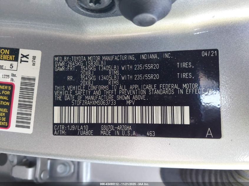 2021 Toyota Highlander Platinum VIN: 5TDFZRAHXMS063733 Lot: 43495112