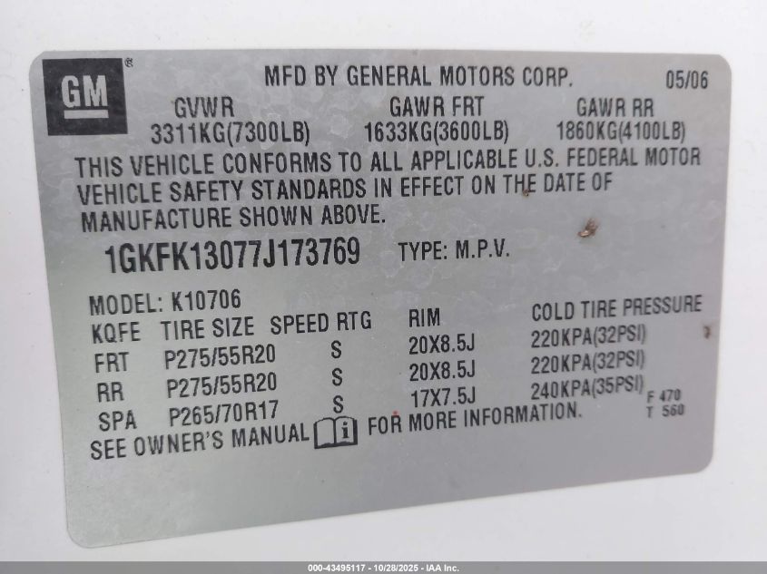 2007 GMC Yukon Slt VIN: 1GKFK13077J173769 Lot: 43495117