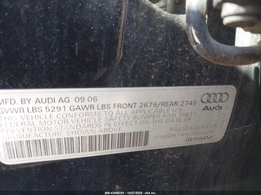 2007 Audi A6 3.2 VIN: WAUDH74F67N054396 Lot: 43495151