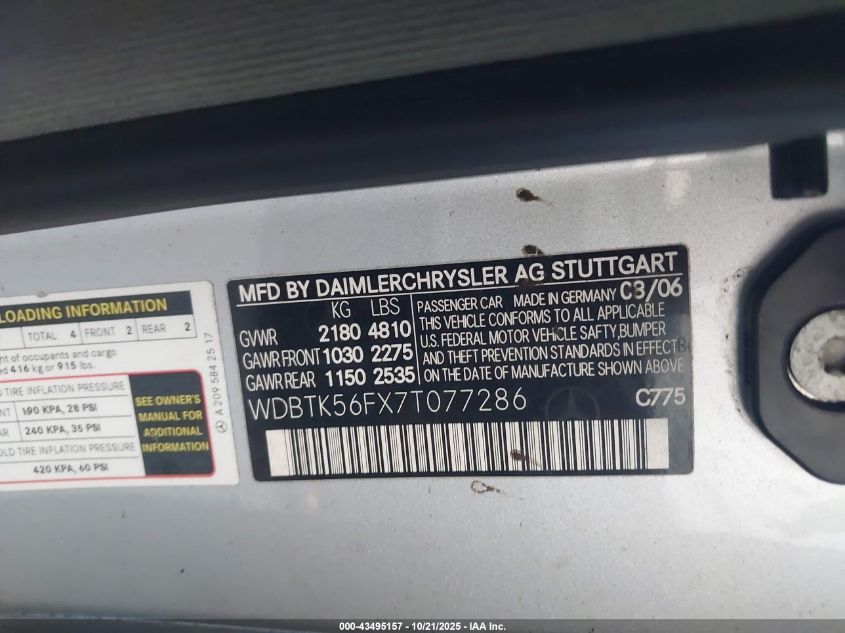 2007 Mercedes-Benz Clk 350 VIN: WDBTK56FX7T077286 Lot: 43495157