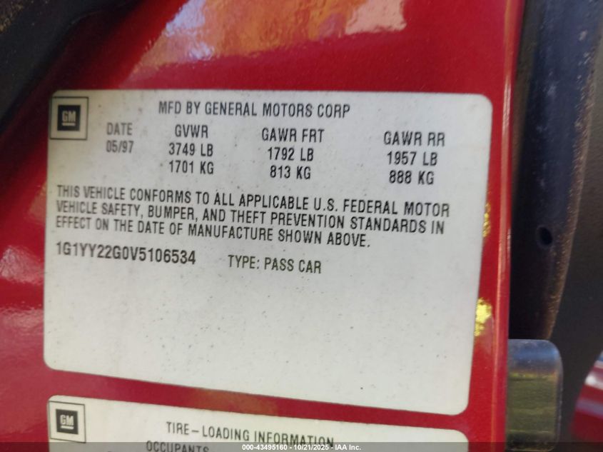 1997 Chevrolet Corvette VIN: 1G1YY22G0V5106534 Lot: 43495160