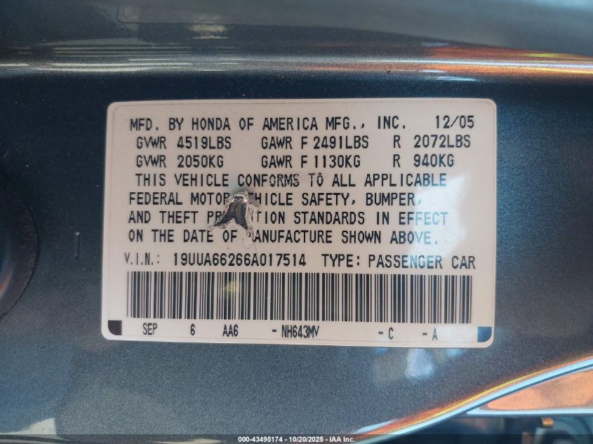 2006 Acura Tl VIN: 19UUA66266A017514 Lot: 43495174