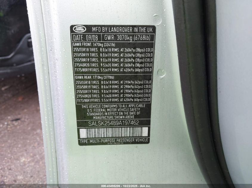 2009 Land Rover Range Rover Sport Hse VIN: SALSK25489A197462 Lot: 43495206