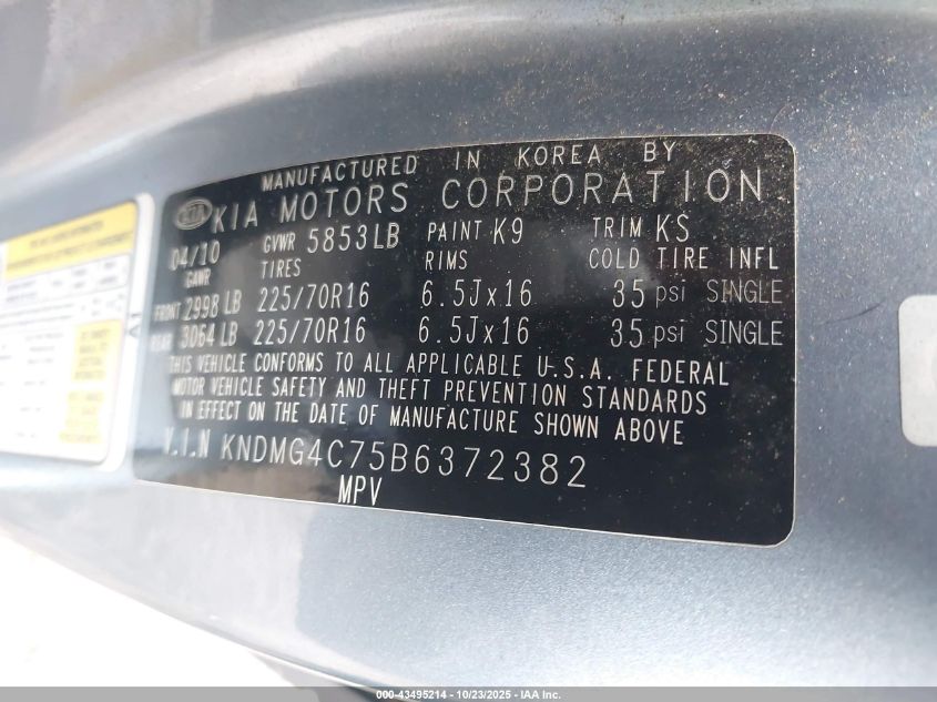 2011 Kia Sedona Lx VIN: KNDMG4C75B6372382 Lot: 43495214