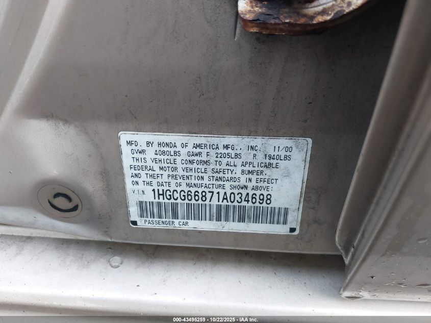 2001 Honda Accord 2.3 Ex VIN: 1HGCG66871A034698 Lot: 43495259