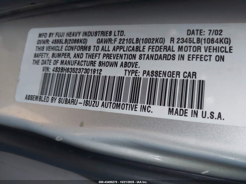 4S3BH635237301912 2003 SUBARU LEGACY photo no. 9