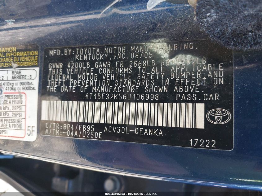 2006 Toyota Camry Le VIN: 4T1BE32K56U106998 Lot: 43495303