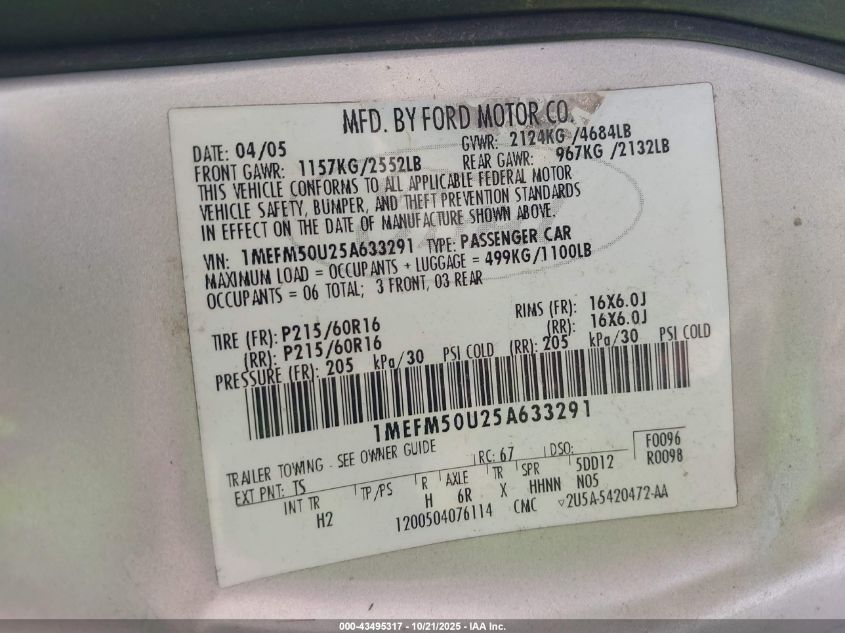 2005 Mercury Sable Gs VIN: 1MEFM50U25A633291 Lot: 43495317