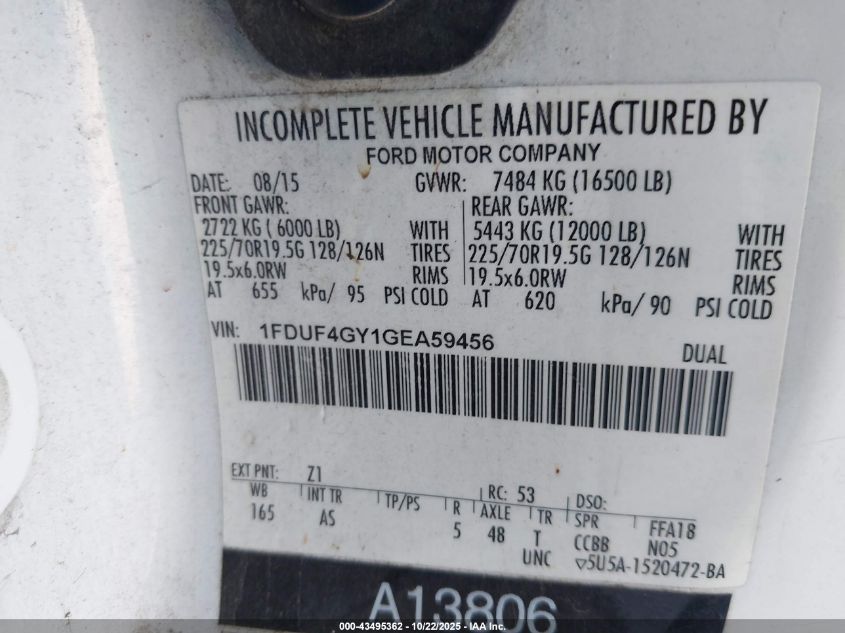 2016 Ford F-450 Chassis Xl VIN: 1FDUF4GY1GEA59456 Lot: 43495362