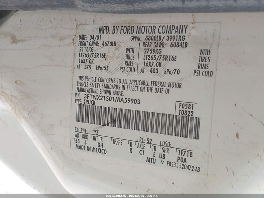 2001 Ford F-250 Lariat/Xl/Xlt VIN: 3FTNX21S01MA59903 Lot: 43495425