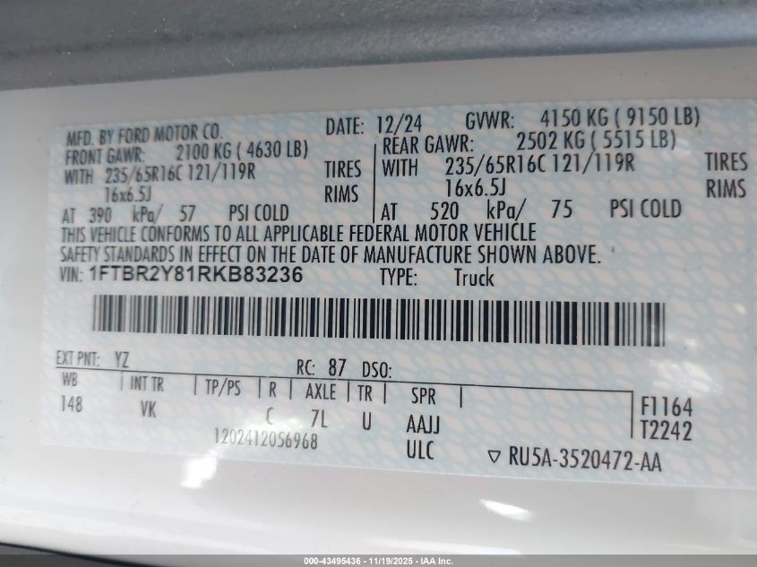 2024 Ford Transit-250 VIN: 1FTBR2Y81RKB83236 Lot: 43495436