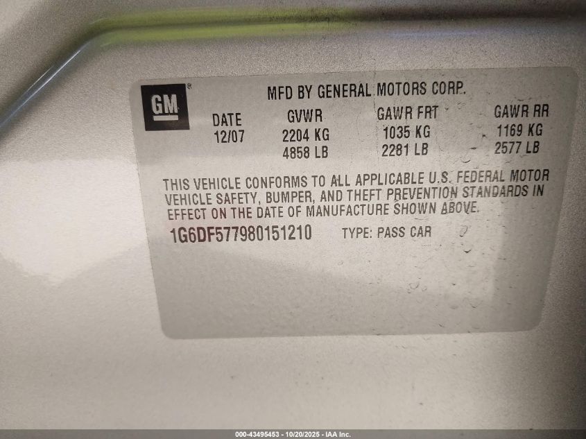 2008 Cadillac Cts Standard VIN: 1G6DF577980151210 Lot: 43495453